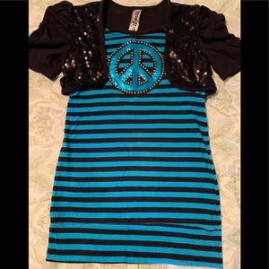 Gorgeous Long Top. Sequined Peace Sign & Attached Bolero, Girls Size M (10/12)